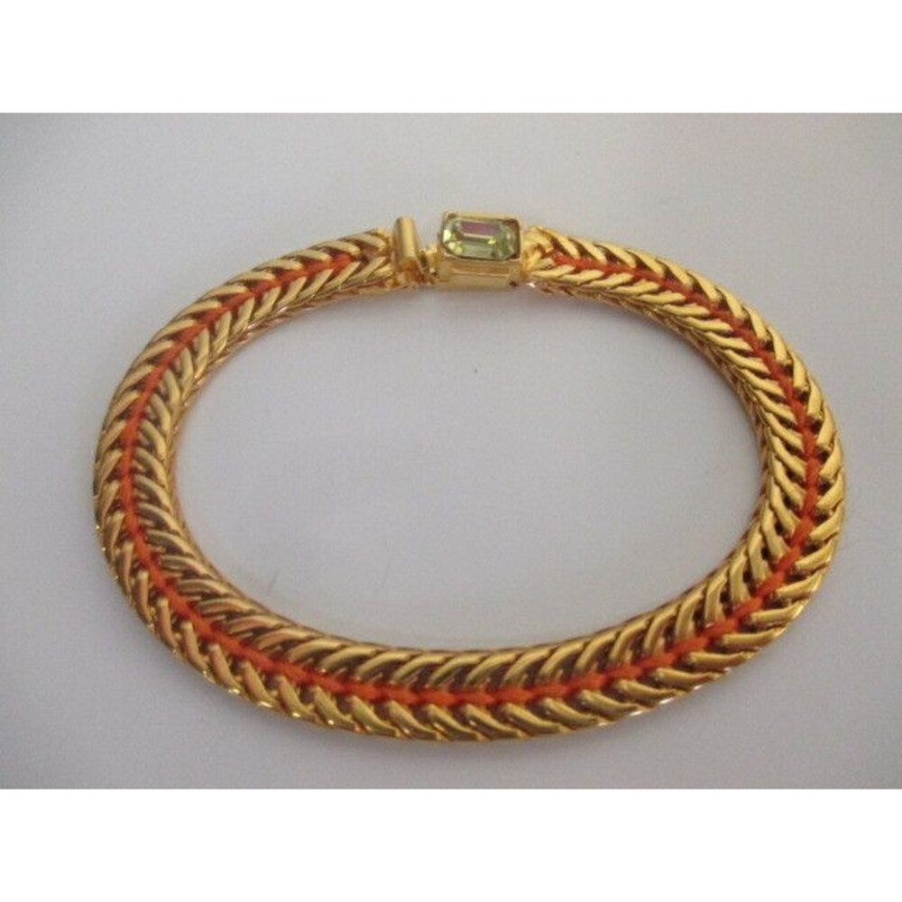 Lee Angel Women's Orange Woven Gold Crystal Link Clasp Bracelet NIP 195
